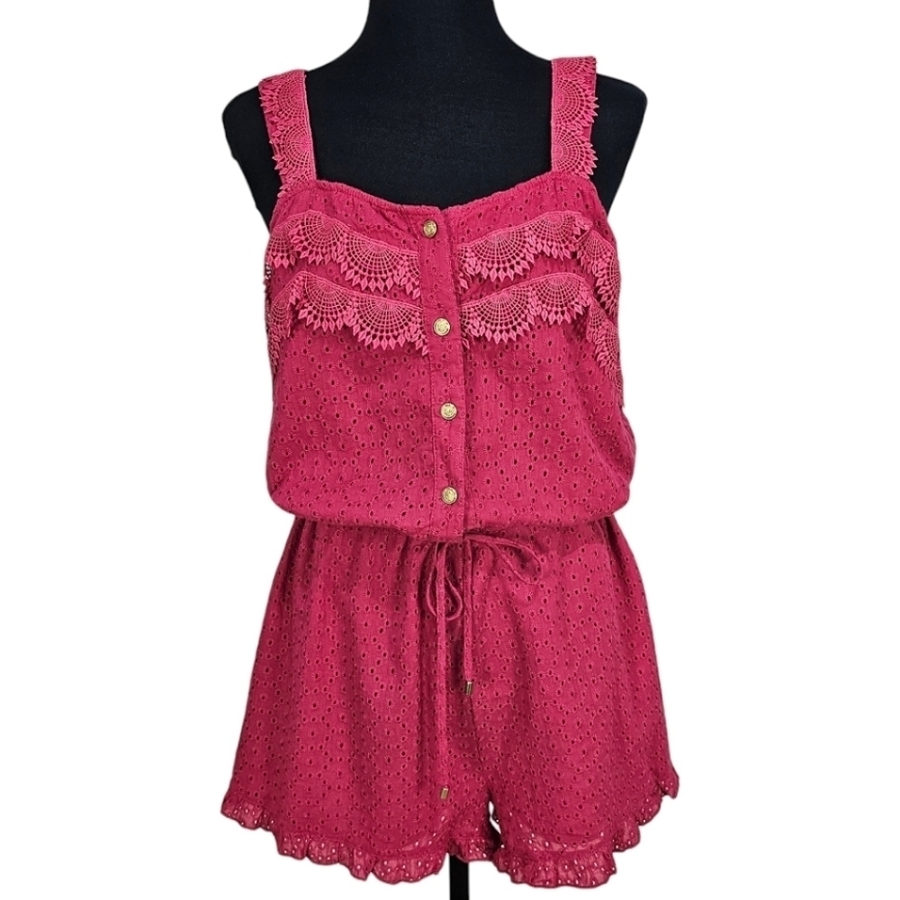 NWT Sperry Cotton Button Down Eyelet & Lace Drawstring Waist Romper Pink Red L